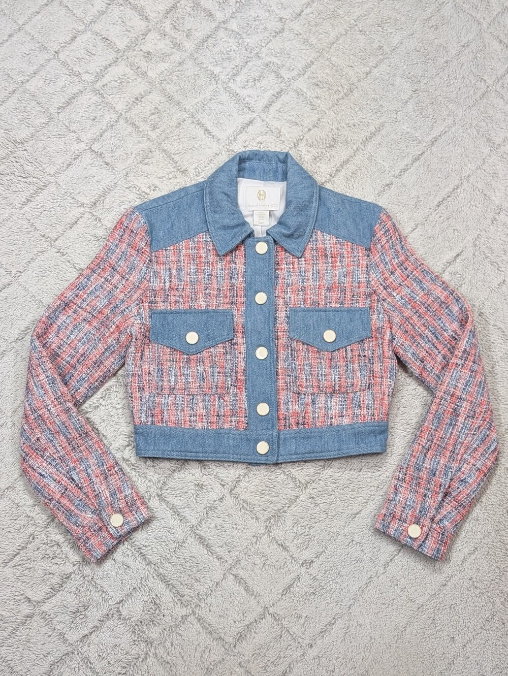 House of Harlow 1960 Jacket Womens XS Blue Red Denim Tweed Crop Preppy Retro